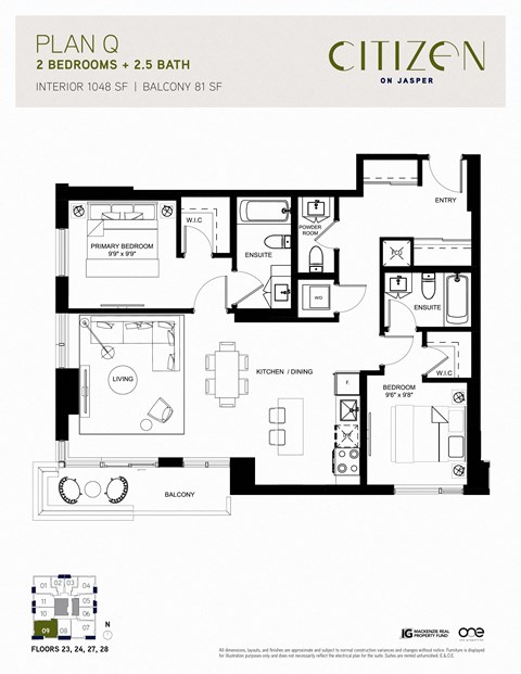 Floor plan for 2 beds, 2.5 baths, 1048 sqft